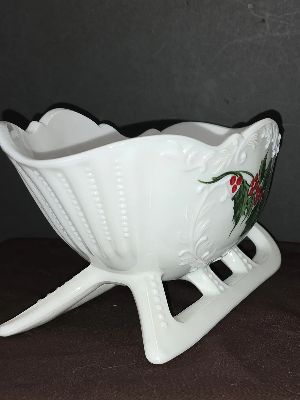 Westmoreland Glass Company hand-painted holly milk glass sleigh